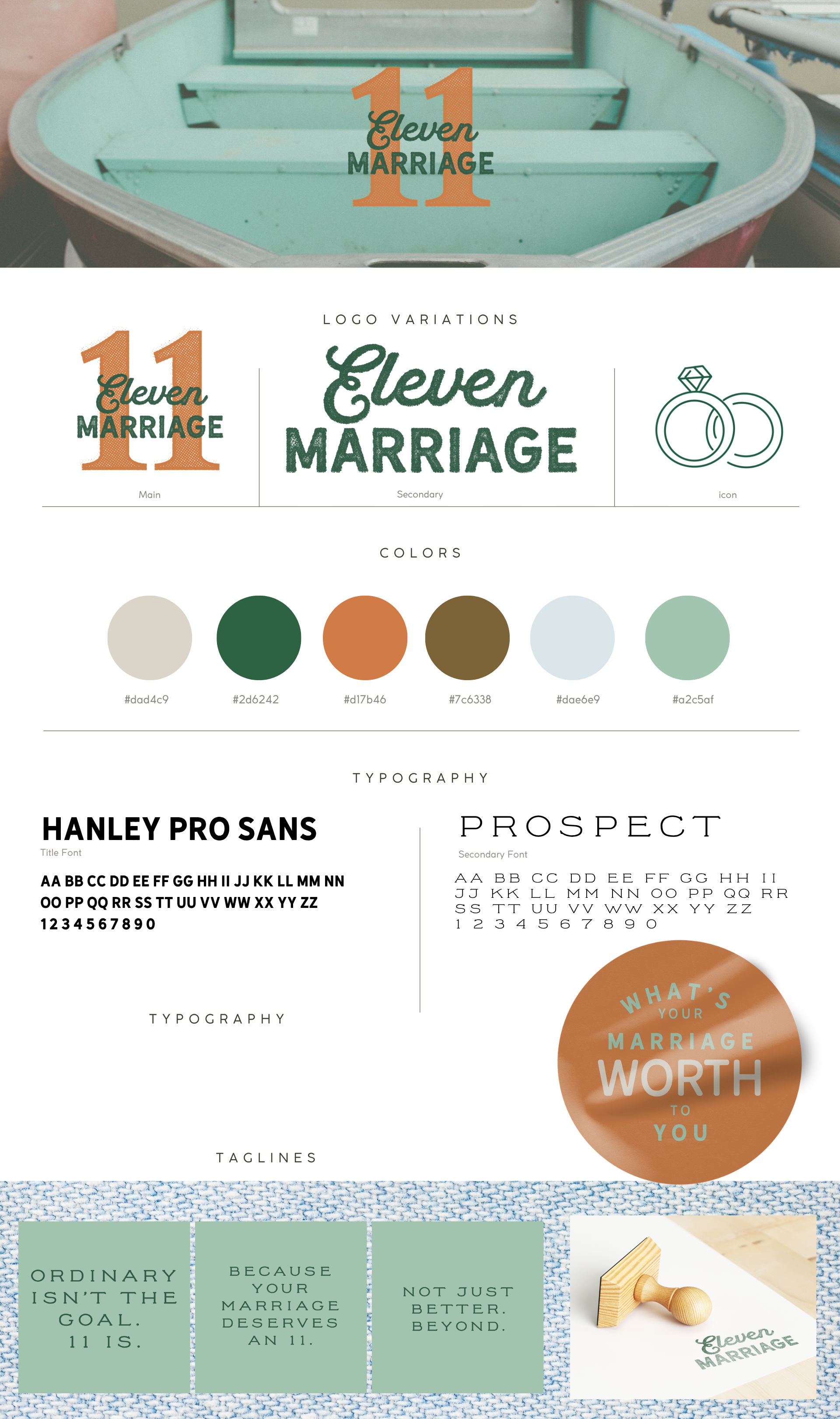 Eleven Marriage brand identity system by Shana Wooley including logo variations, color palette, and typography — brand design for online marriage therapy practice