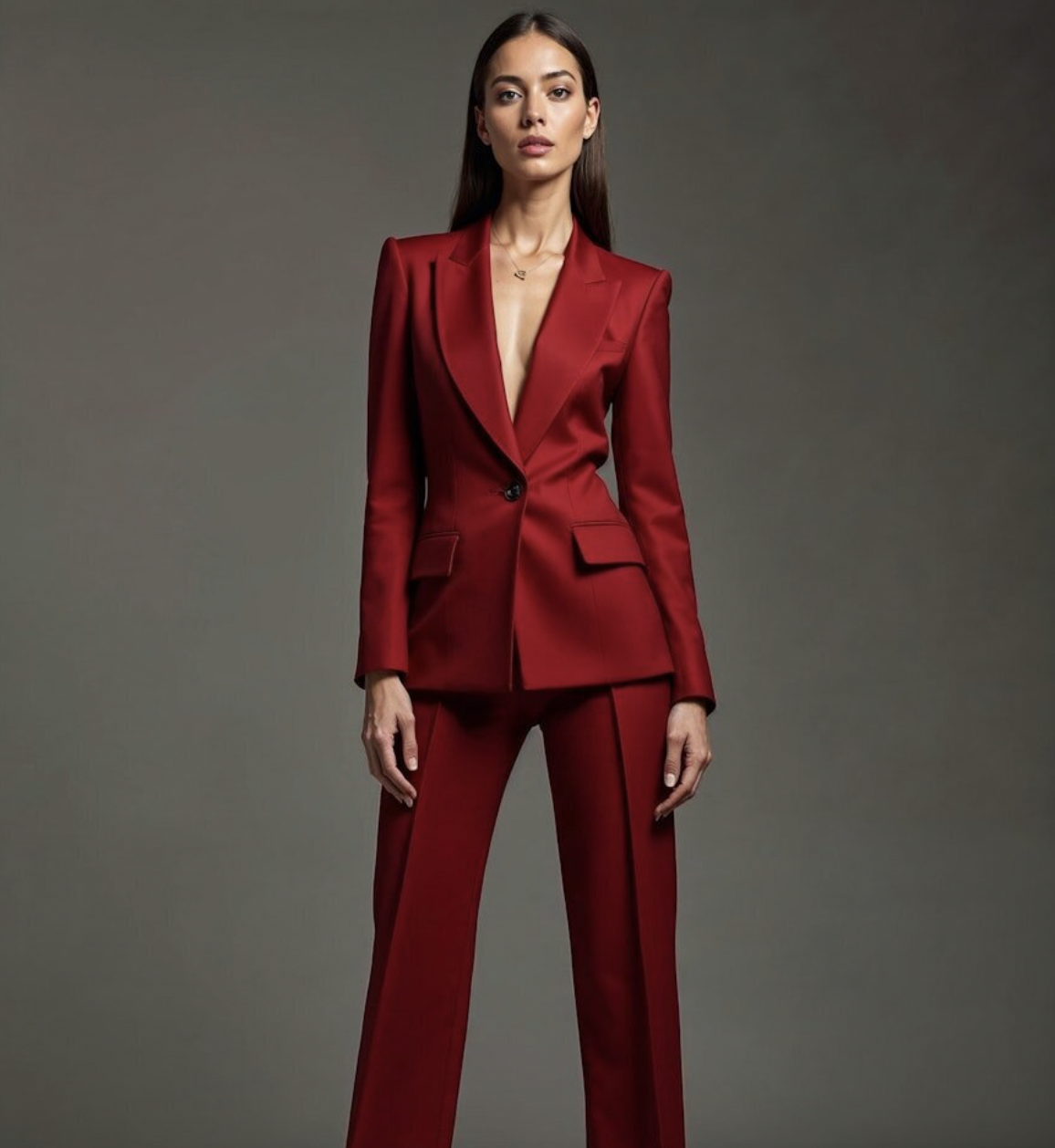 A woman in a red suit with a blazer and matching pants stands against a gray background.