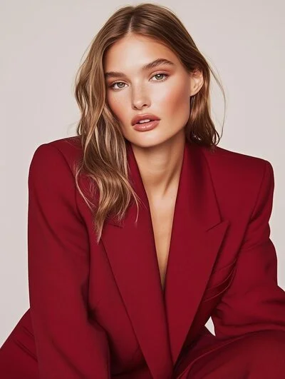 Portrait of a woman with long wavy hair wearing a red blazer, looking confidently at the camera.