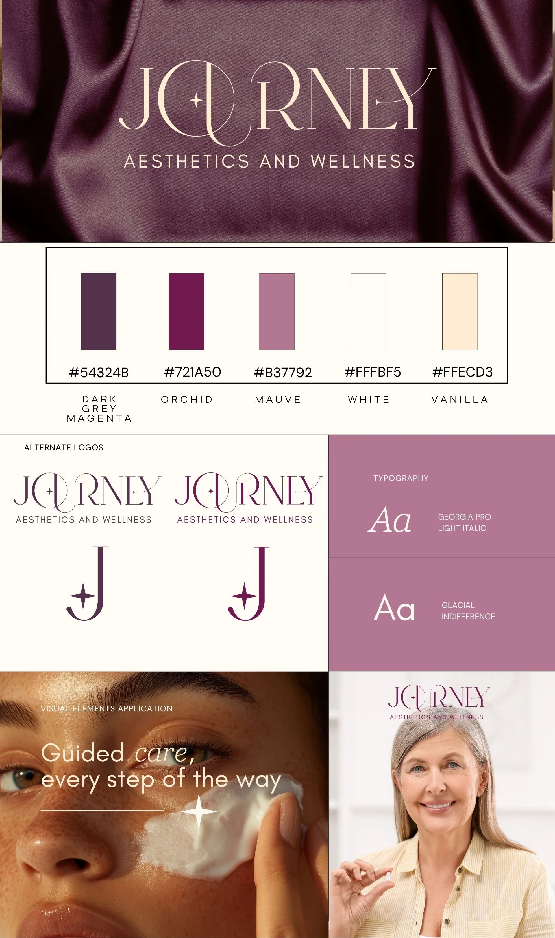 logo design with star motif, alternate logo variations, color palette, and typography system featuring Georgia Pro and Glacial Indifference. Full brand redesign for a medically guided aesthetics and wellness practice in Overland Park, Kansas.