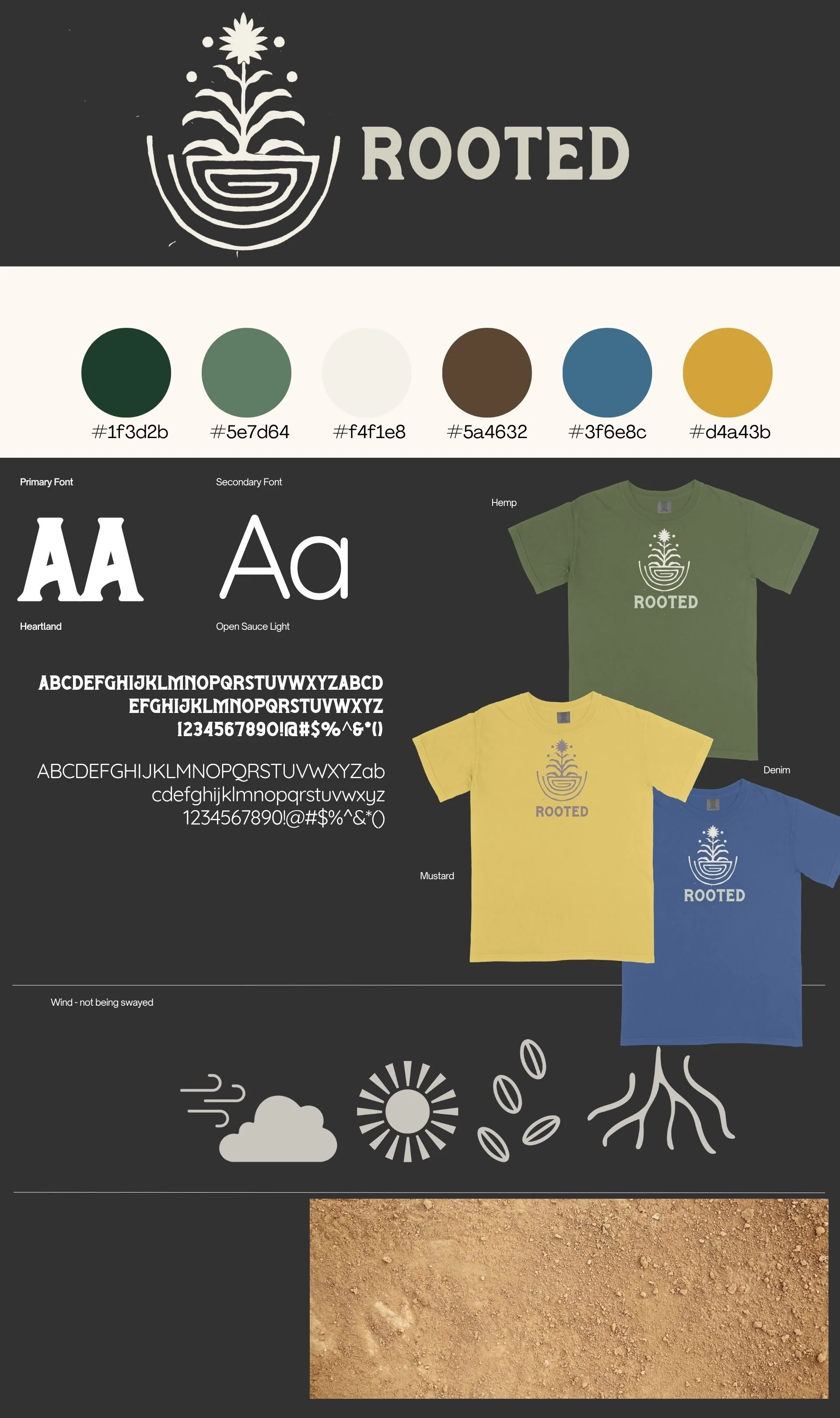 Brand style guide for "Rooted" showing a logo of a flowering plant in a bowl, a six-color earthy palette (deep green, sage, cream, brown, teal, and mustard),