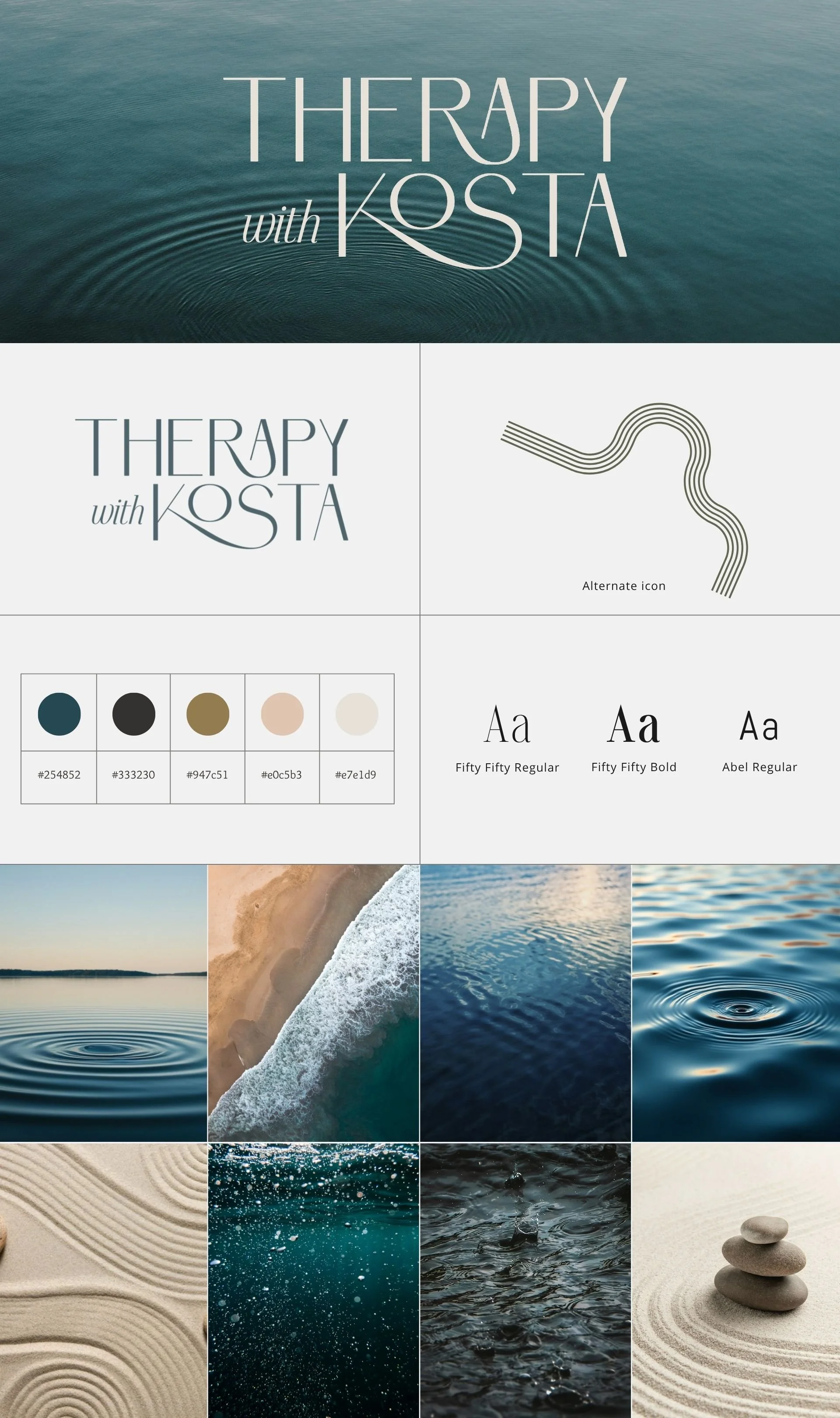 Therapy With Kosta brand identity system by Shana Wooley — logo design, flowing alternate icon, color palette including deep teal and olive gold, and typography system featuring Fifty Fifty and Abel.