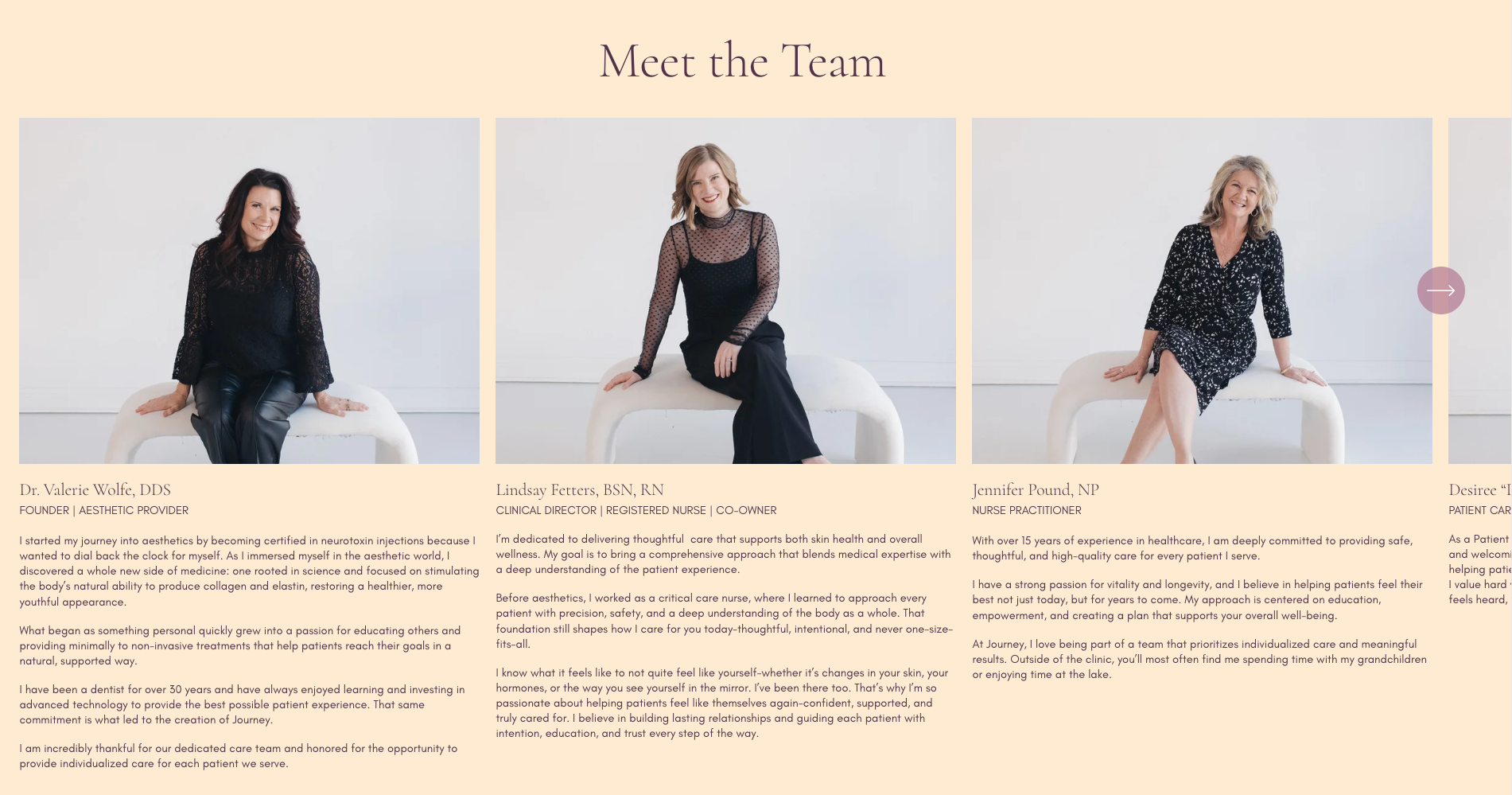 Meet the Team Journey Aesthetics and Wellness team section showcasing staff photography and layout design by Shana Wooley, demonstrating cohesive visual storytelling across a medically guided wellness brand