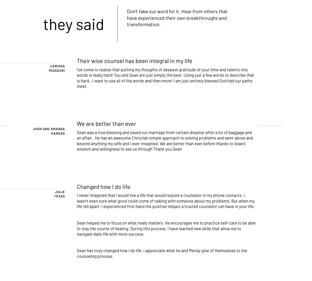 Eleven Marriage testimonials section showcasing typography system and brand consistency across content-heavy web layouts, designed by Shana Wooley