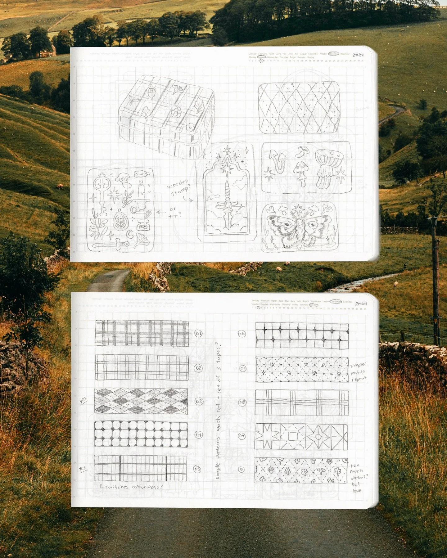 sketches for new products&hellip; wooden stamps&hellip; washi tape👀 going to leave a poll here to see if you&rsquo;d prefer multiple separate washis with these types of patterns or maybe a single washi with multiple blocks of patterns?

#sketchbooki