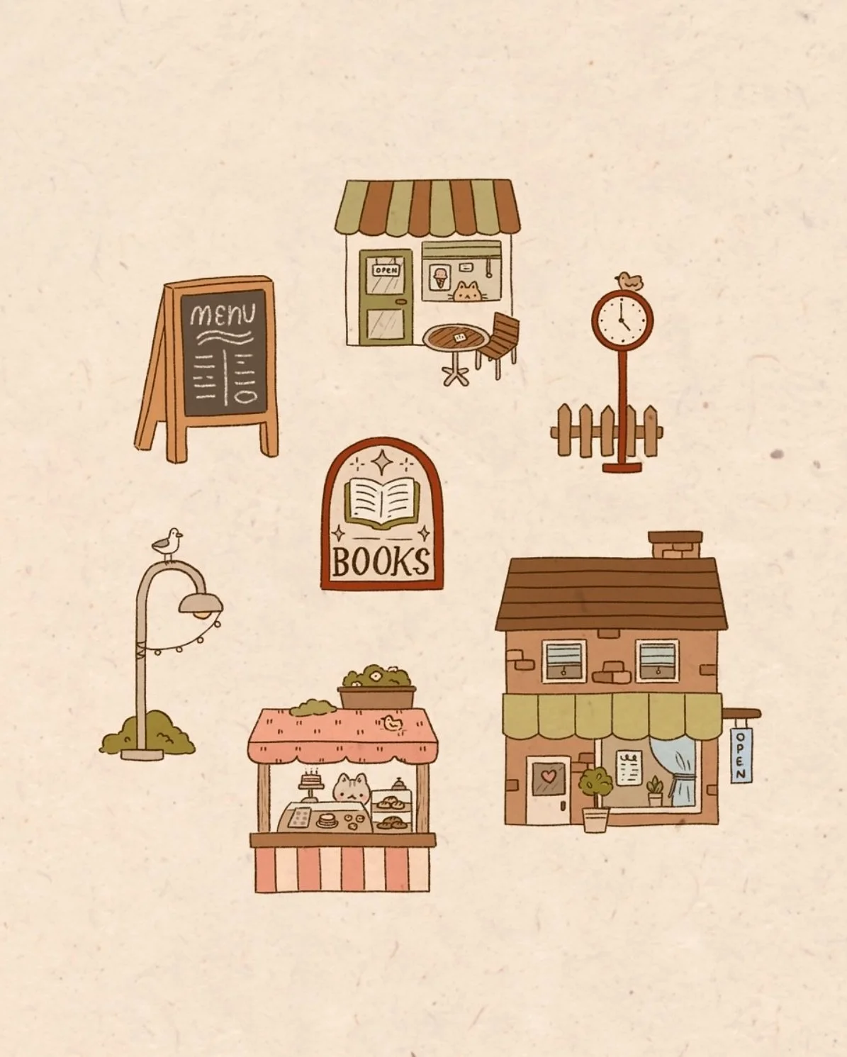 some more little stores in this tiny neighbourhood🌷i would really like to grab some ice cream from that cat🍦

#stickersheet #illustrationart #cuteillustrations