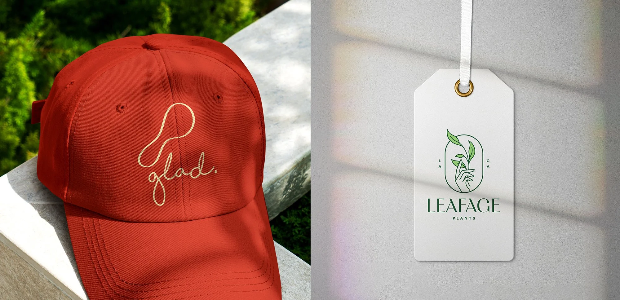 Red baseball cap with 'glad' text and green tag with 'Leafage Plants' logo.