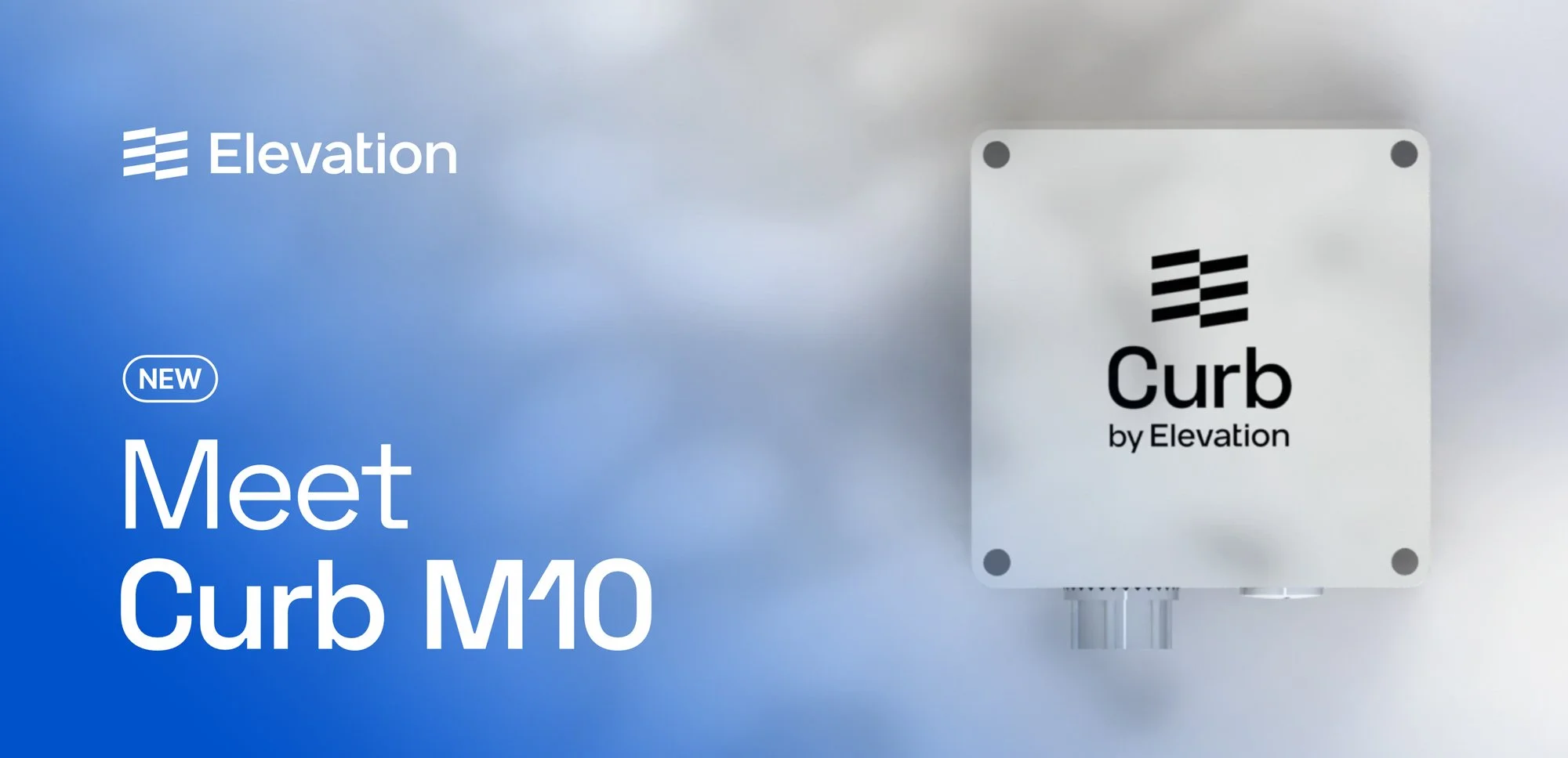 Marketing image of Curb M10 device by Elevation with logo and blue background