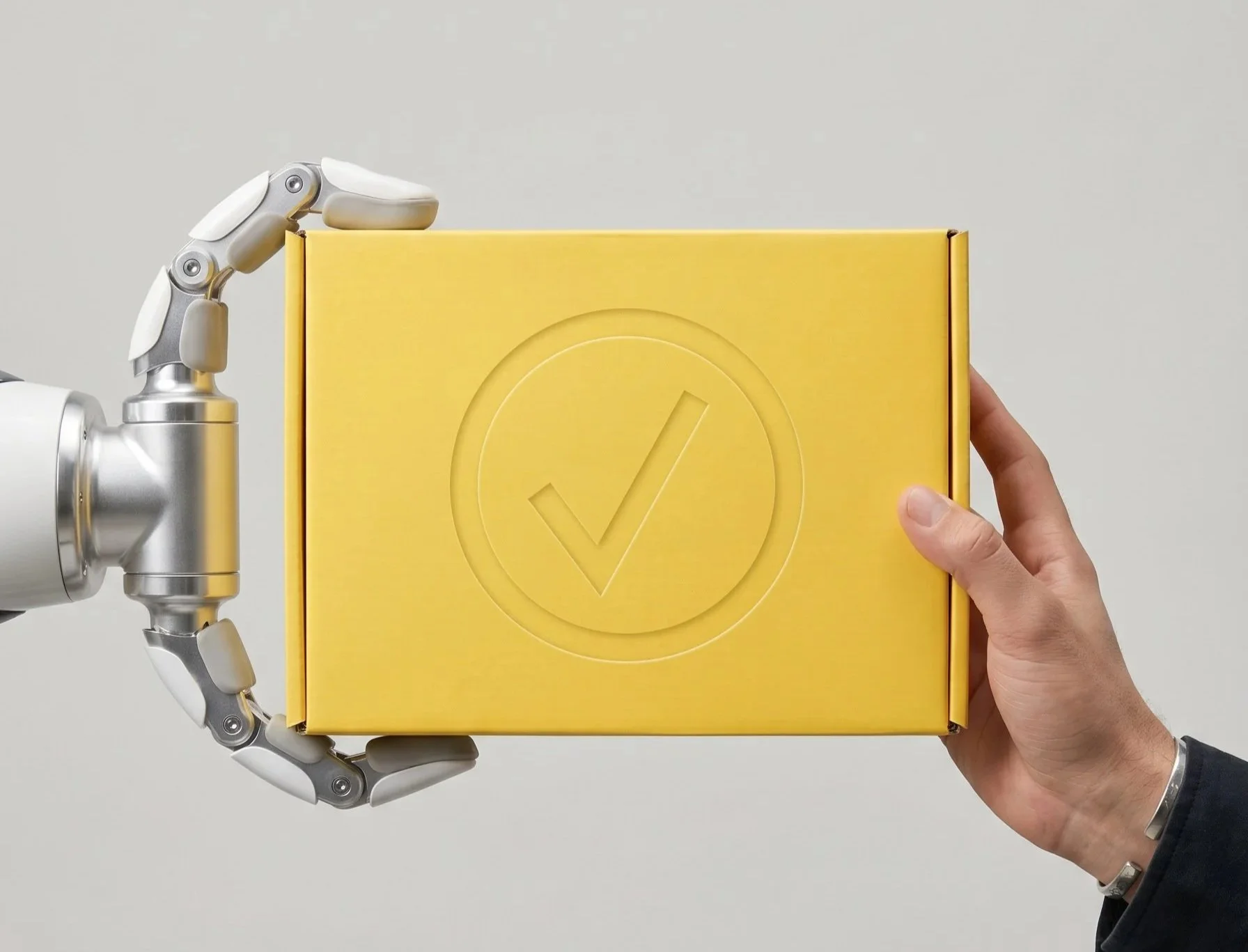 A robot and and a human end holding a yellow packaging box
