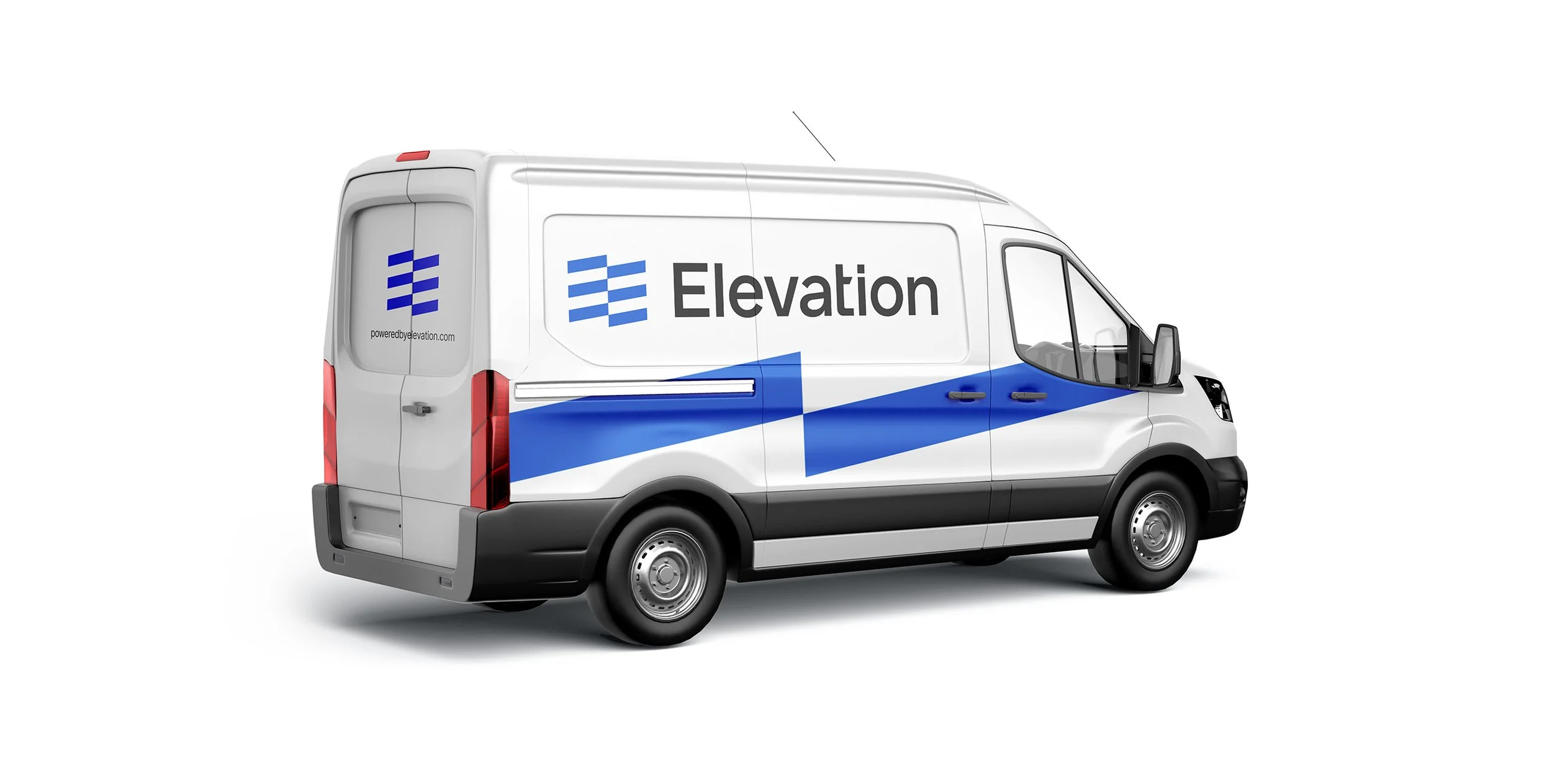 White van with "Elevation" branding and a blue design on the side and back doors, parked on a white background.
