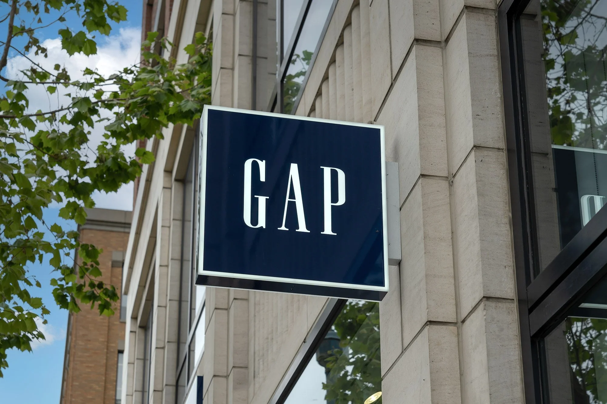 Storefront sign of Gap on a building exterior