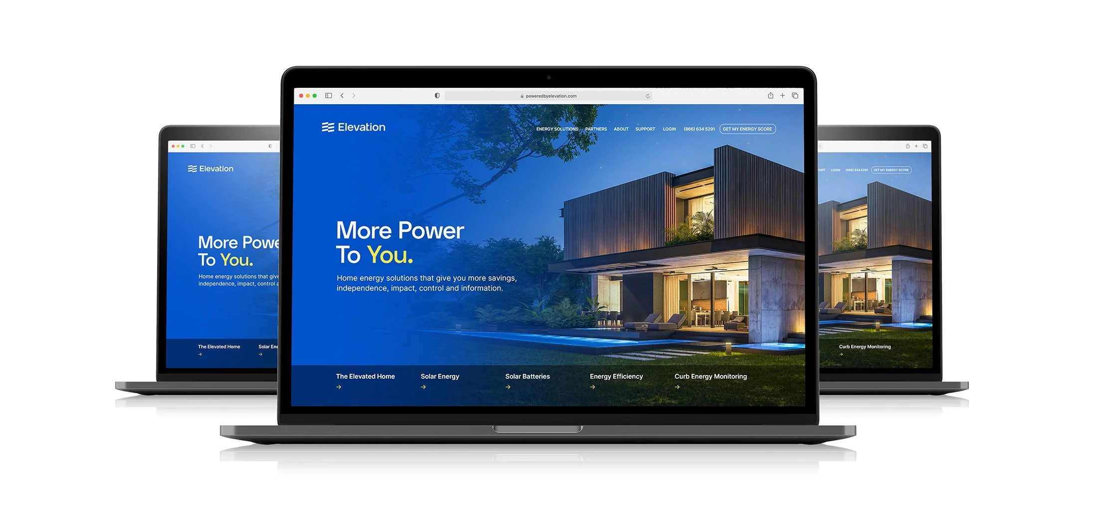 Laptops displaying a website for home energy solutions by Elevation, featuring a modern house and the text "More Power To You."