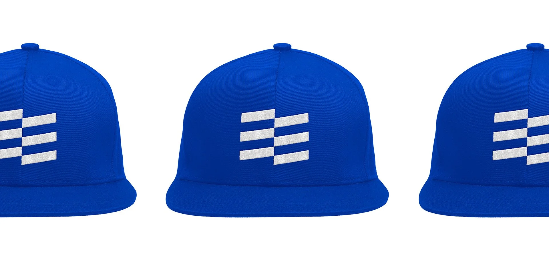Three blue caps with white geometric logo on front