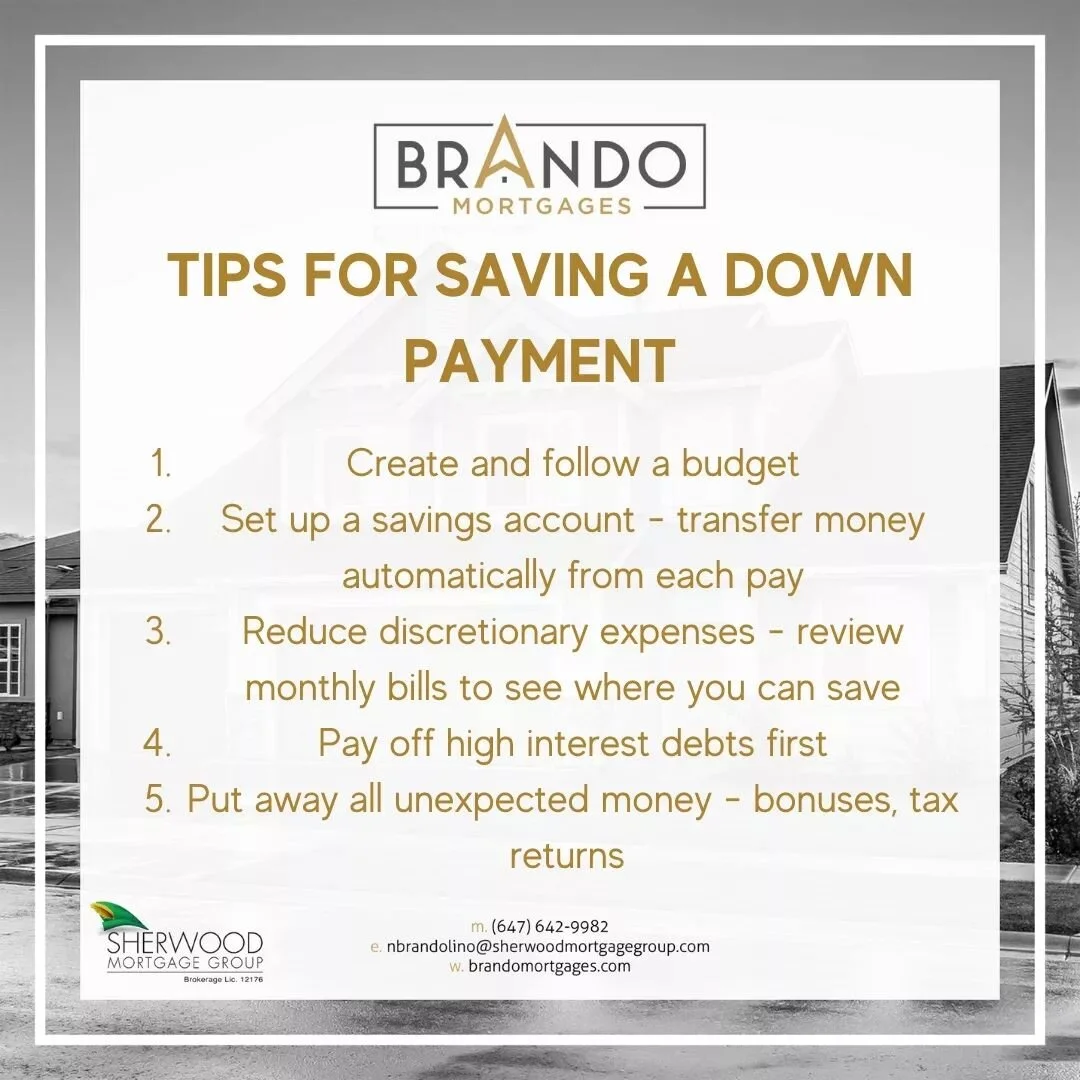 Saving for a down payment is a key part of the home purchasing journey.  Here are some tips to help you along the way!
.
.
Nick Brandolino
Mortgage Agent
Sherwood Mortgage Group License #12176
Nbrandolino@sherwoodmortgagegroup.com
Brandomortgages.com