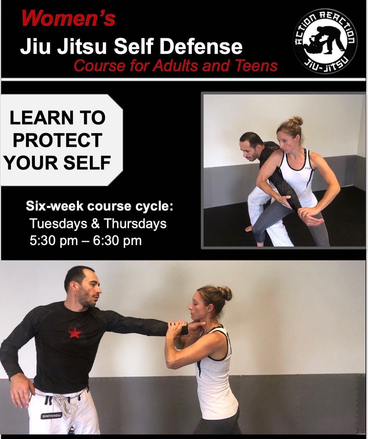 Calling all Women Warriors!!
Action Reaction is now offering a women&rsquo;s jiu jitsu self defense program for women. Techniques taught in the Women Warriors program are specific to women, using leverage, technique, and timing to work against larger