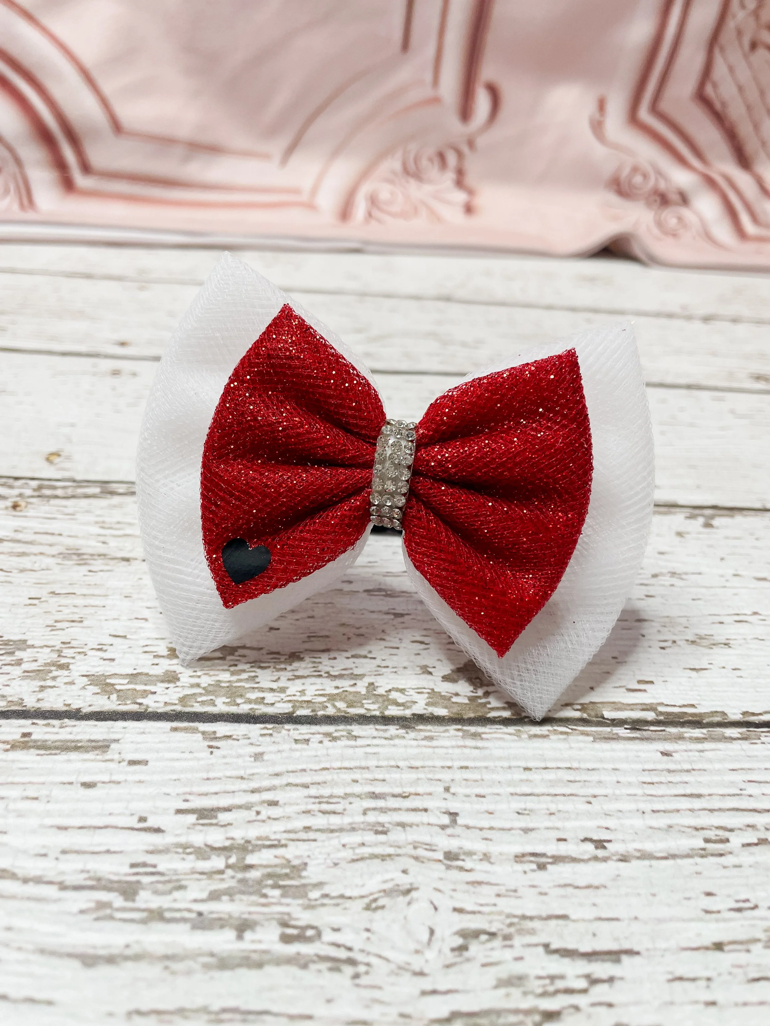 Hair Bow- Red and white with black heart