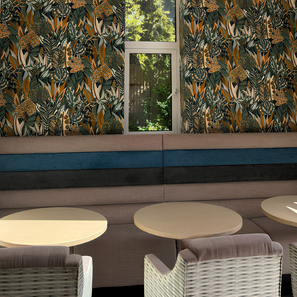 Cafe seating - 3 circular tables and 3 woven arm chairs