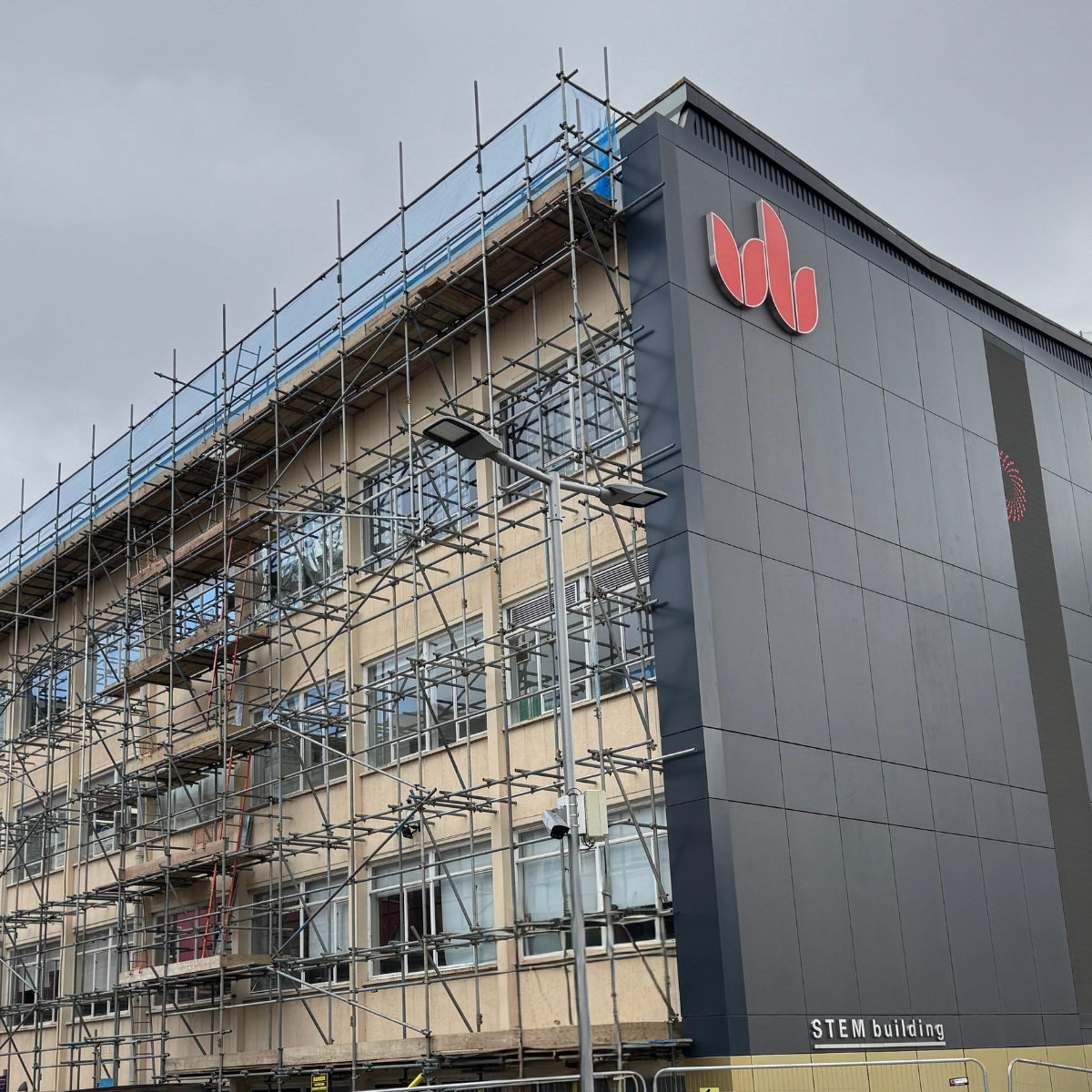 Scaffolding on the exterior of University of Bedfordshire.