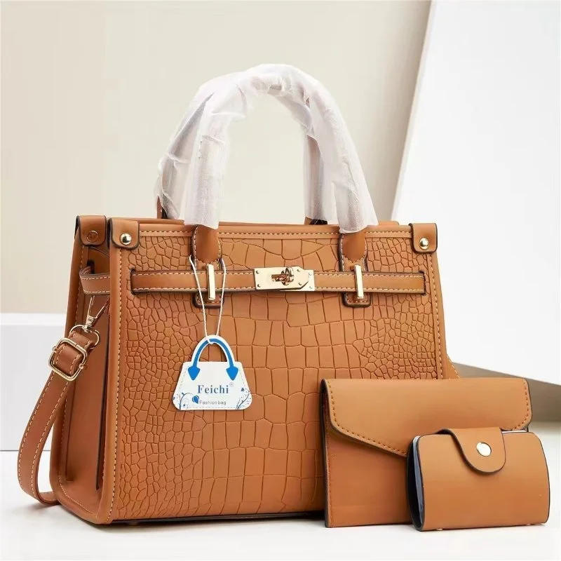 3-Piece Crocodile Pattern Tote with Wallet & Card Pouch Set