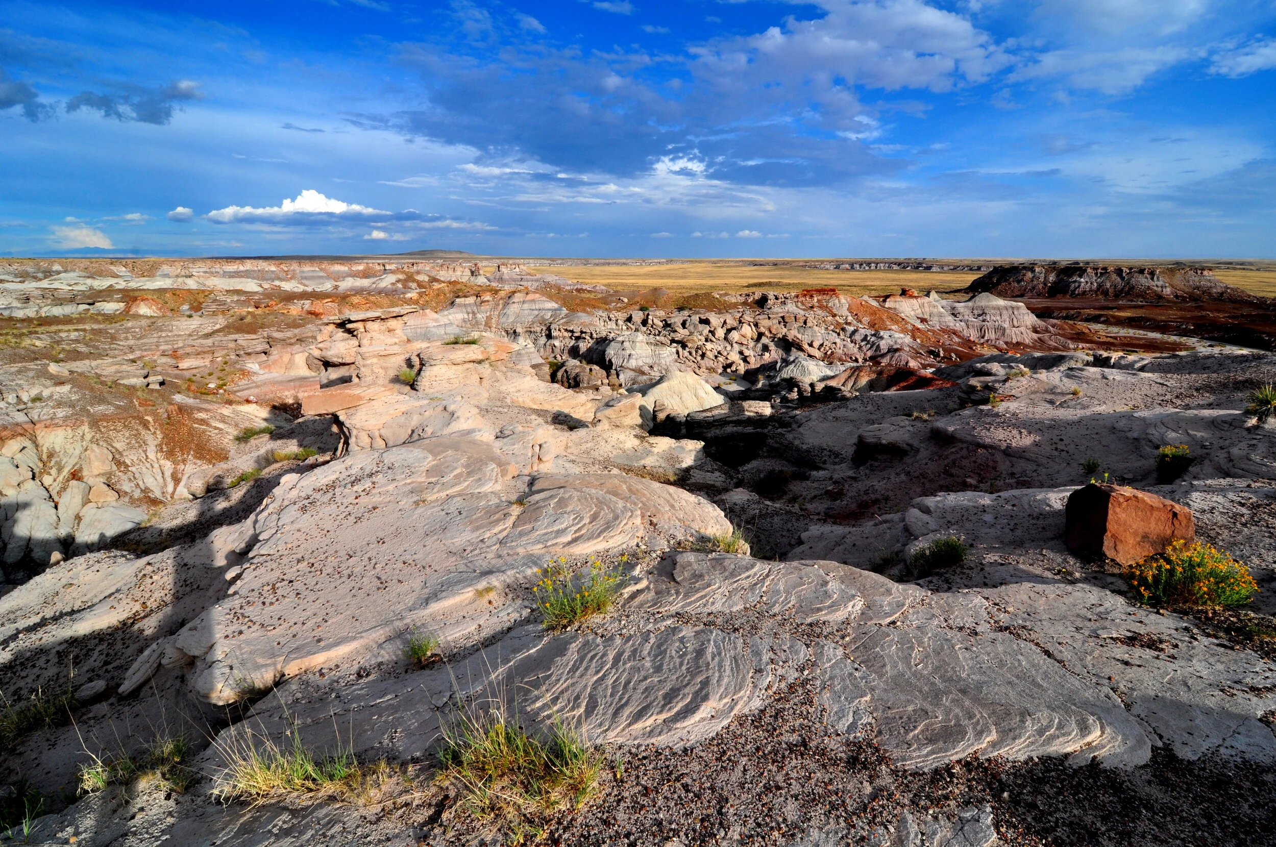 Arid desert landscape with layered rock formations, sparse vegetation, and a partly cloudy blue sky.