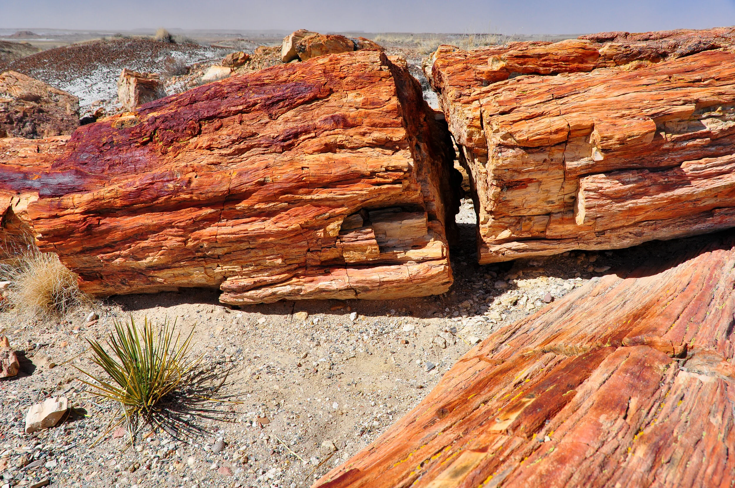 Close-up of large red and orange layered rocks in a desert landscape with sparse vegetation and distant hills under a cloudy sky.