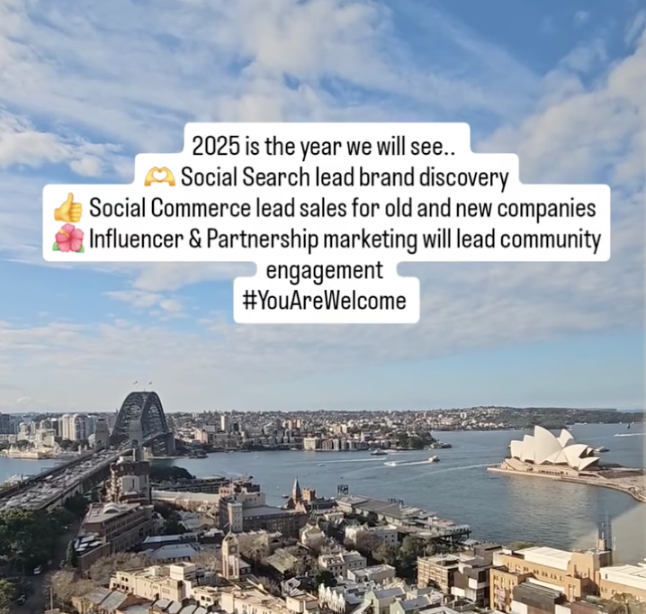 City skyline featuring the Sydney Opera House and Harbour Bridge with a blue sky and clouds, overlaid with motivational text about social media marketing trends in 2025.