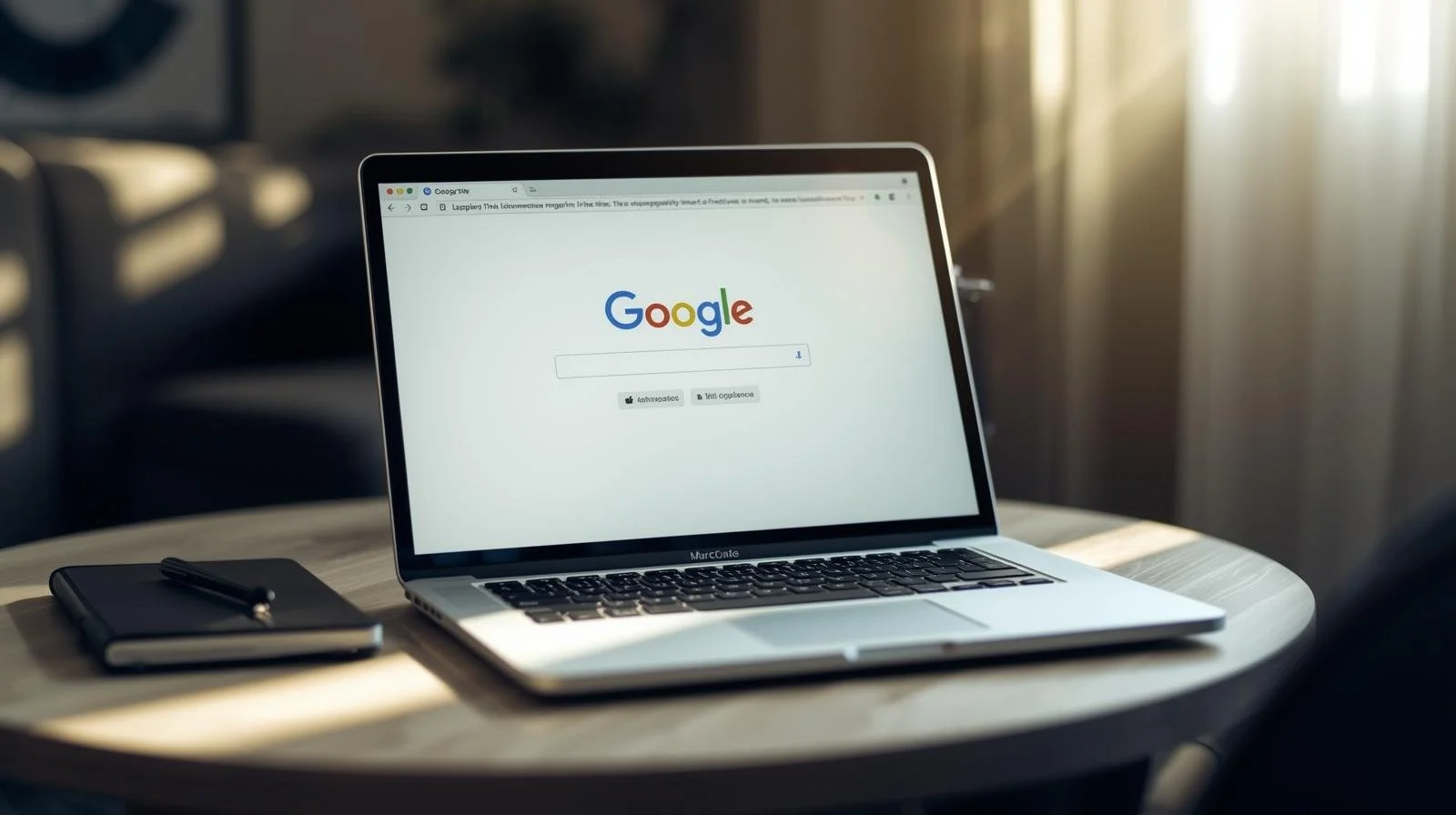 An image of a laptop on a table with Google homepage on screen for Google Ads and SEO