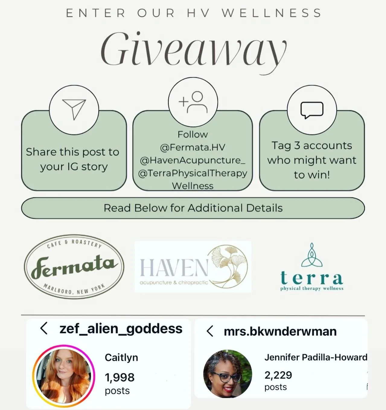 🟡HUDSON VALLEY WELLNESS GIVEAWAY WINNERS:: Congratulations to our giveaway winners @zef_alien_goddess mrs.bkwnderwman 
&bull;
Each won a @fermata.hv gift card, a discounted @terraphysicaltherapywellness yoga class, and a gift from @havenacupuncture_