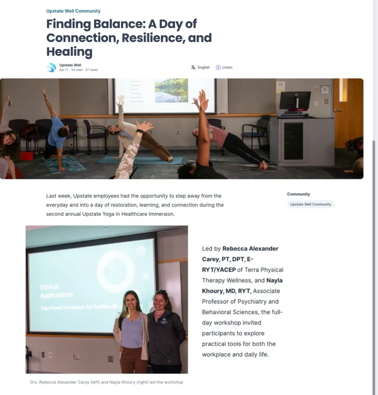 ✅ This event was featured as a OneUp story with Upstate!! The Yoga in Healthcare Immersion, held at Upstate earlier this month, was co-facilitated by myself and Nayla Khoury, MD. I am continuously impressed by the foresight and progression that Upsta