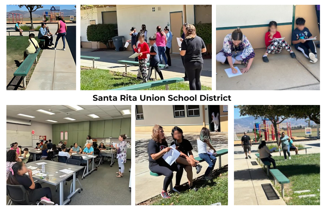 6 images of parents and children engaging in a family literacy workshop indoors and outdoors with nature journaling. Title 1 funded family engagement!
