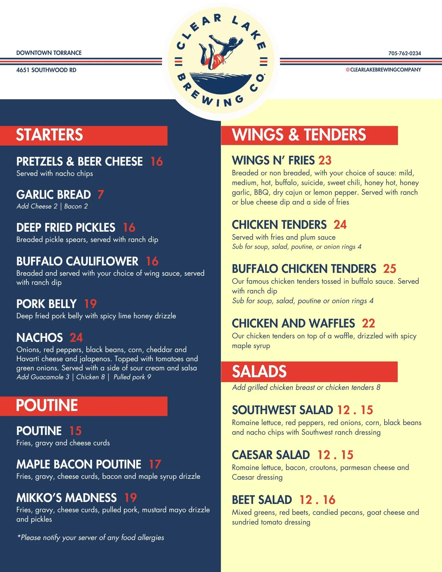 Clear Lake Brewing Co Main Menu page 1