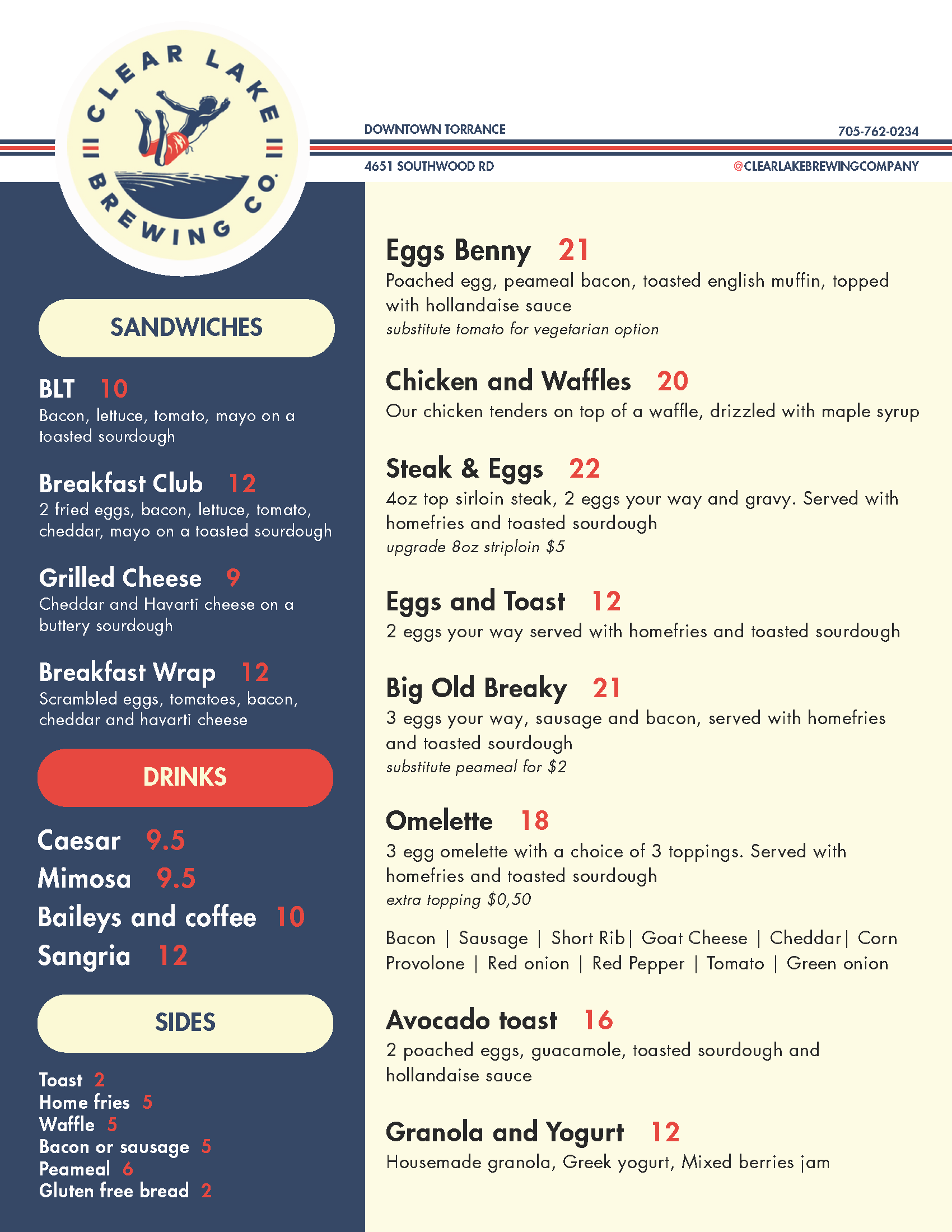 Clear Lake Brewing Co breakfast menu