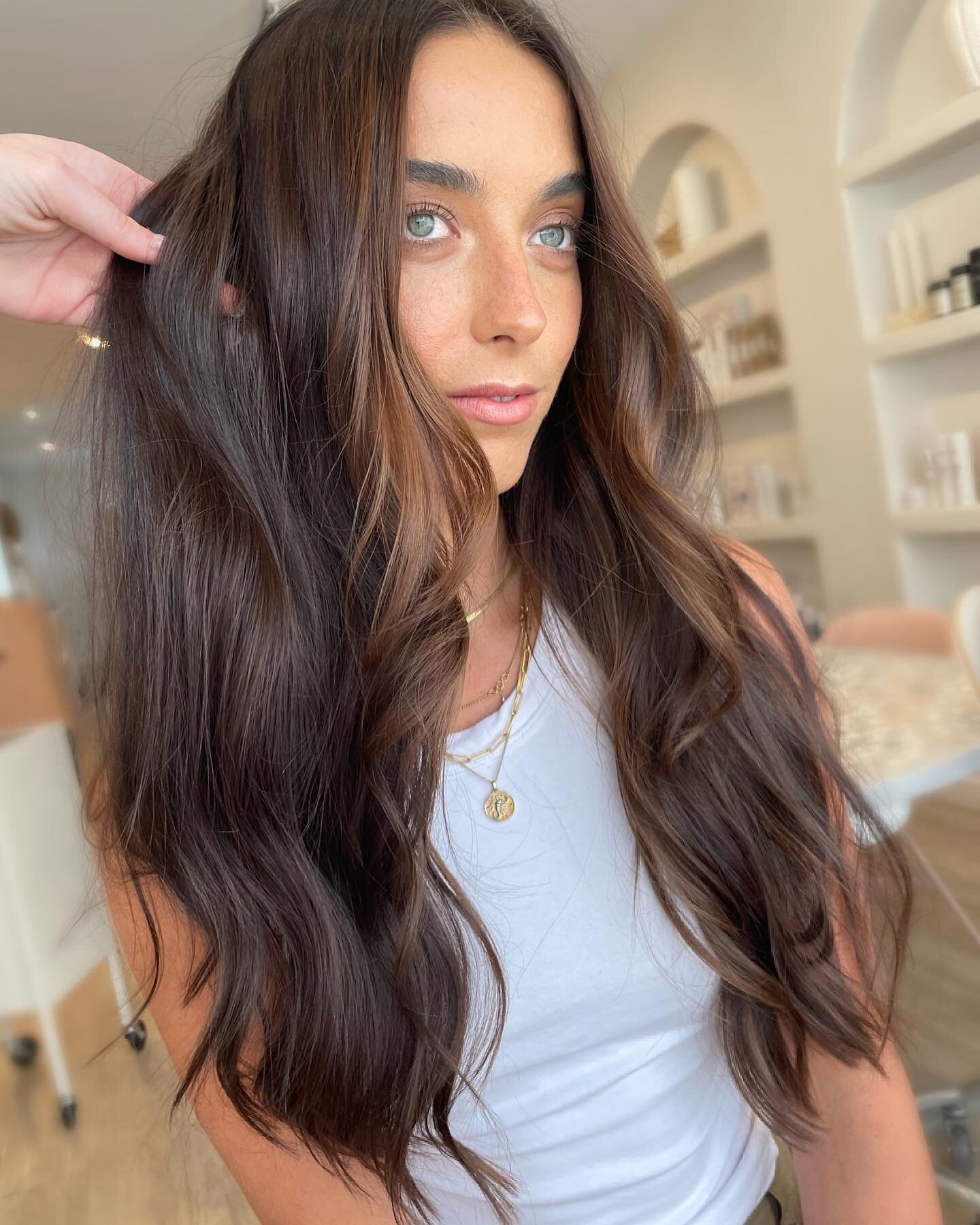 Added depth &amp; pops of warm tones for this brunette beauty 🤎&nbsp; 
​
​This gorgeous colour was achieved through a full-head of foils and toner by our talented @tianna_pelobylago ✨ Blowout by @tori_pelobylago