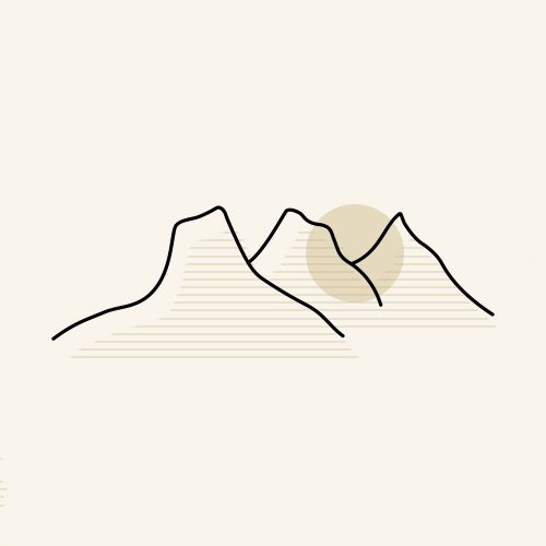 Minimalist line drawing of mountain peaks with a light sun or moon in the background.