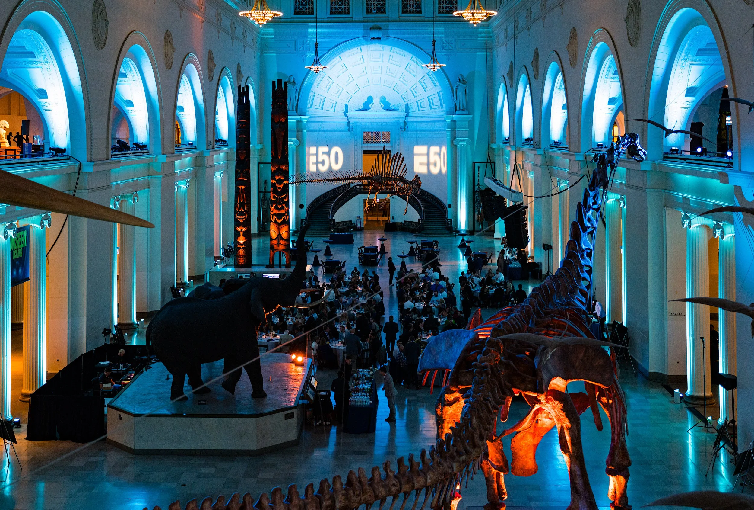 Grand hall with high arched windows and blue lighting, decorated with dinosaur models including a large T-Rex in the foreground and a skeleton like fish hanging from the ceiling, with people seated at tables and a stage with the number 50 projected o