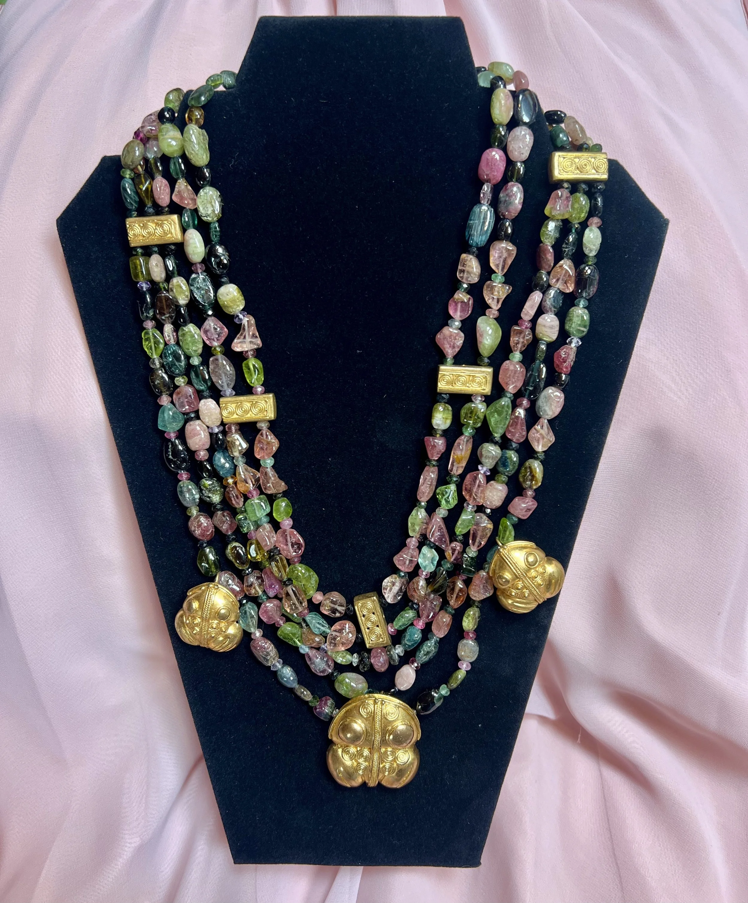 5 Strings Faceted Bicolor Tourmaline Necklace with frog pendants