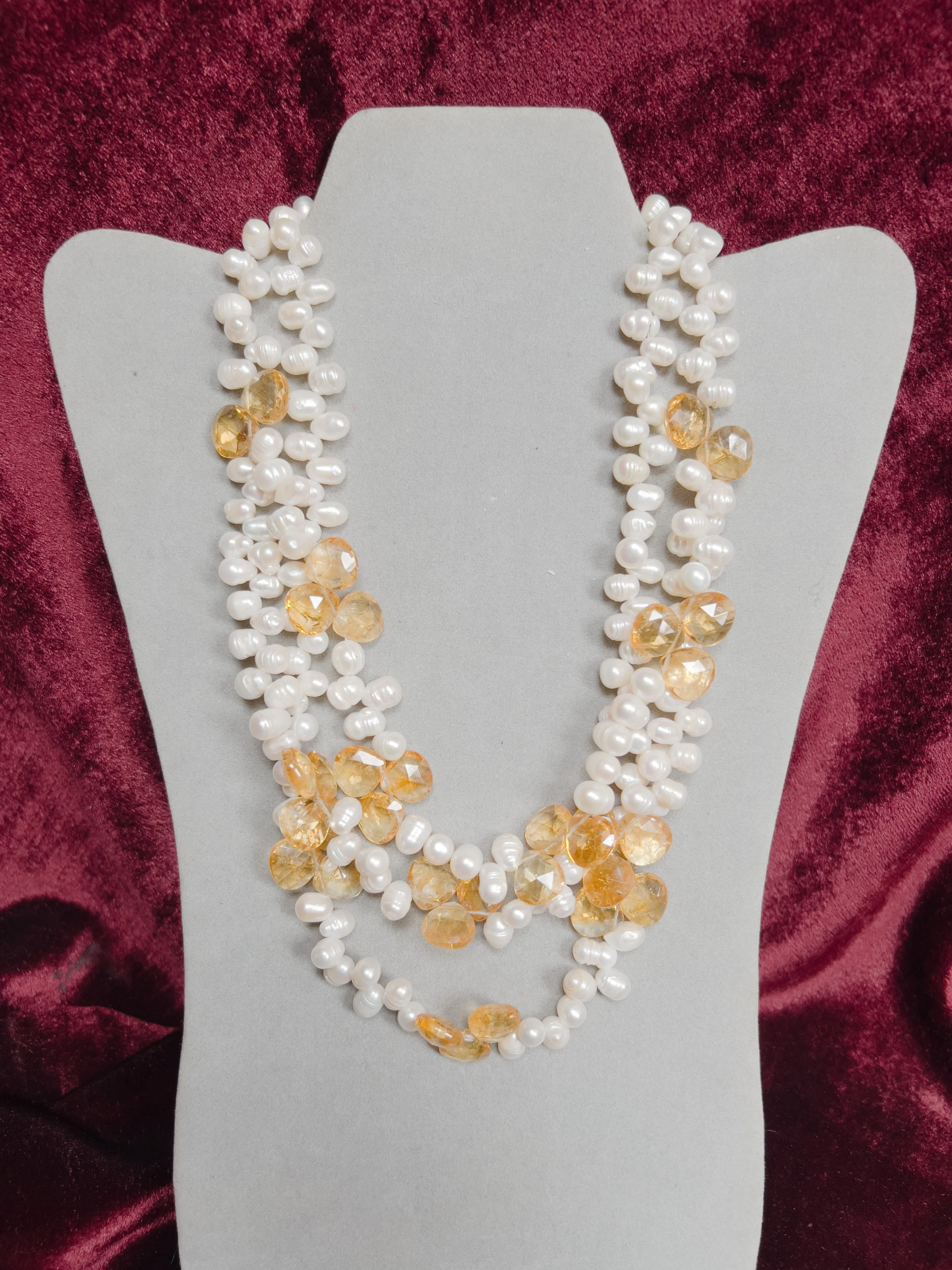 Three Strings Cultured Pearl Necklace and faceted citrine
