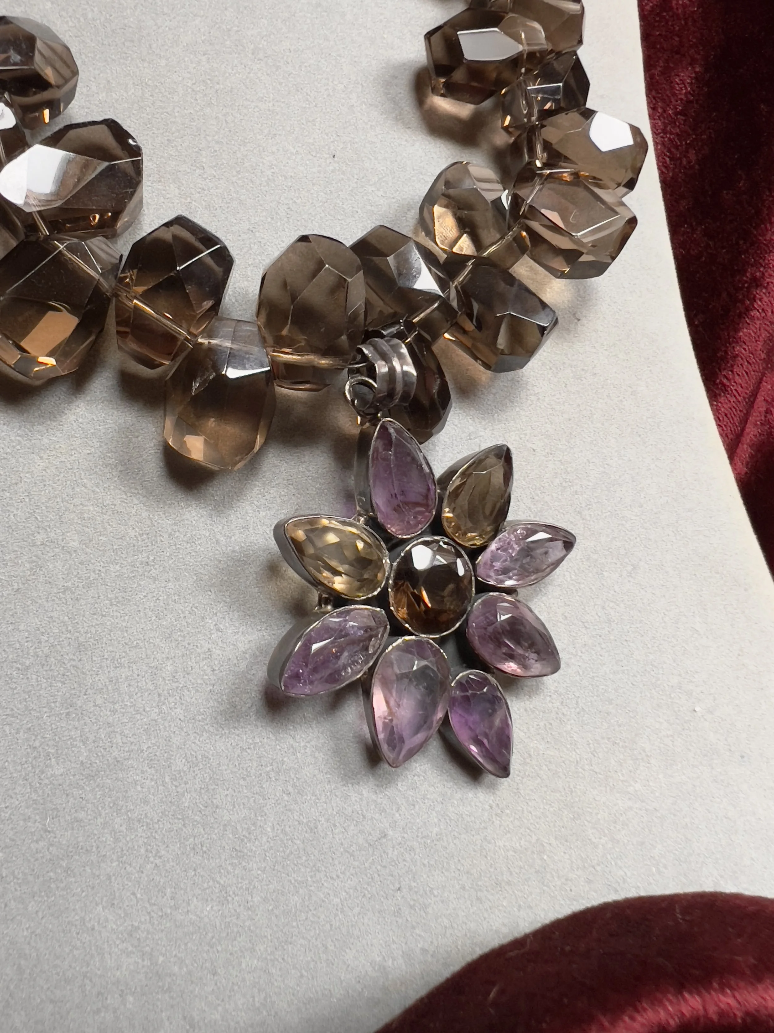 Smocked Quartz Necklace With Flower Pendant