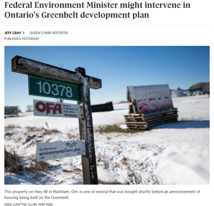 Federal Environment Minister might intervene in Ontario’s Greenbelt development plan