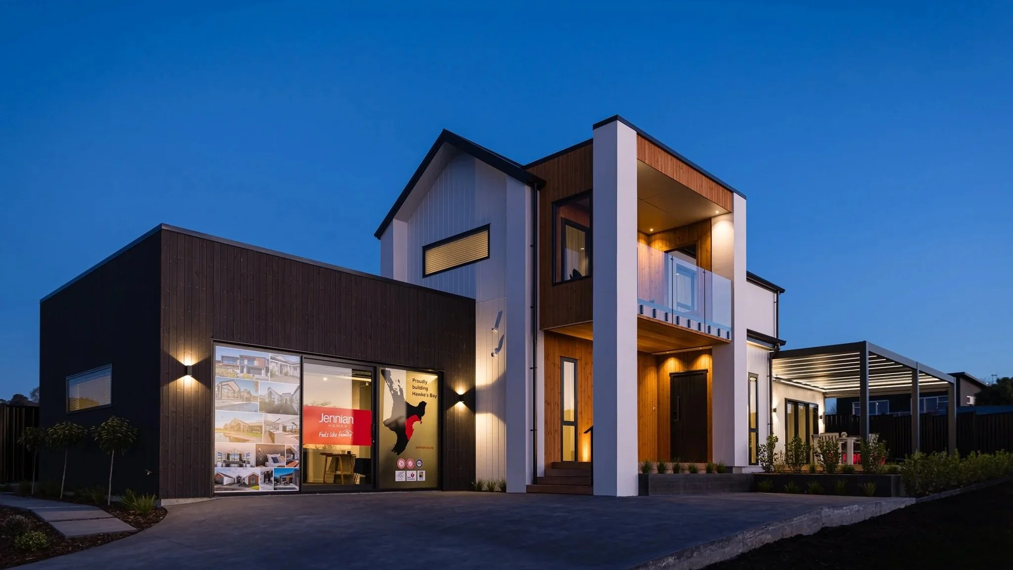 Twilight exterior, show home photography Hawke's Bay, Jennian Homes HB Iona