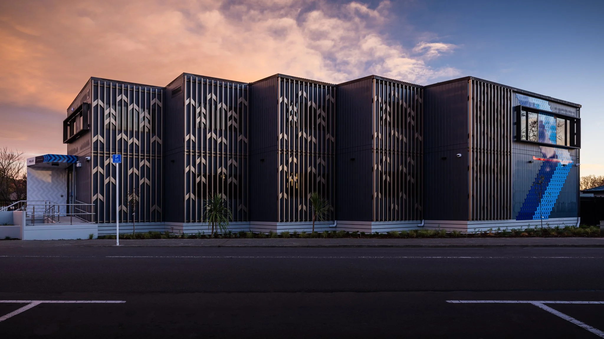 Taradale Police Station, Napier at sunrise capturing the architectural louvre facade