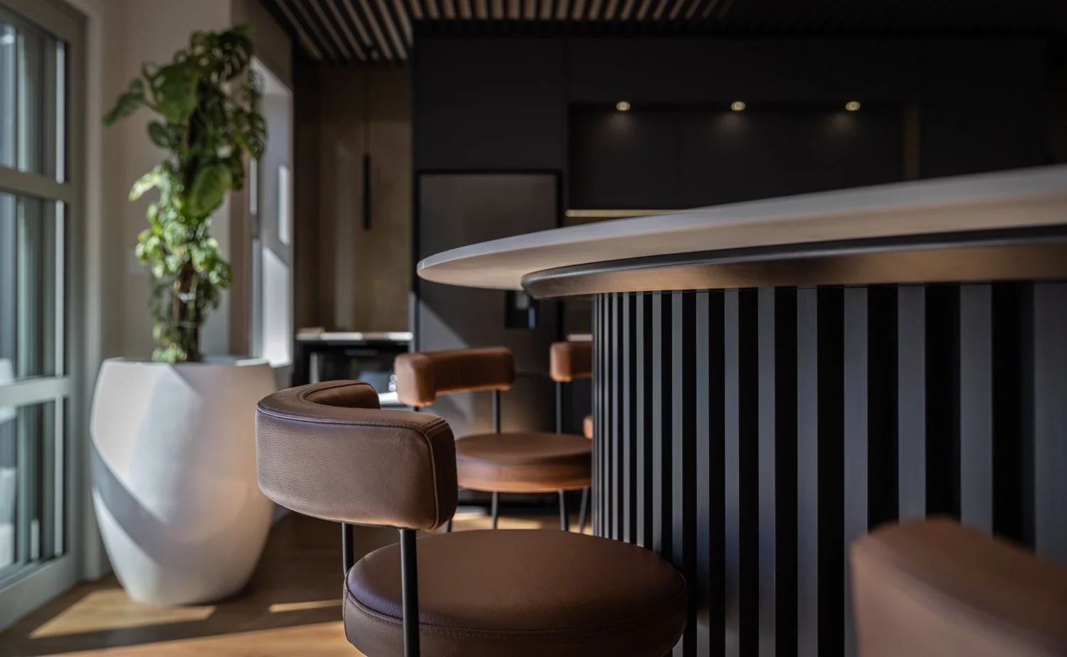 Detail shot of the MCL office seating and bar area