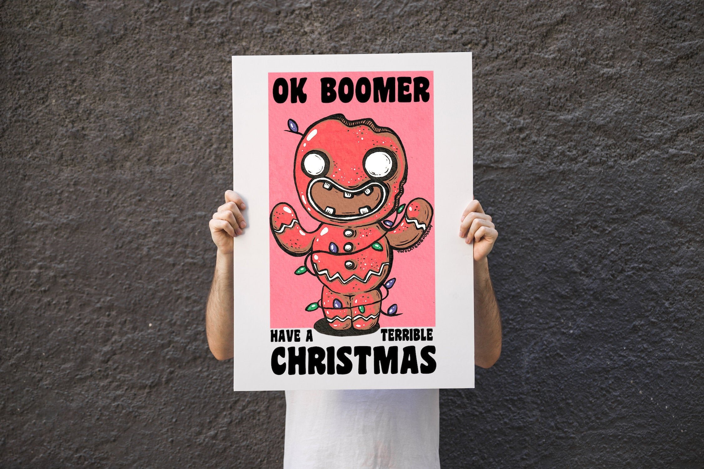Christmas ginger bread with lights and words Ok, Boomer, have a terrible Christmas