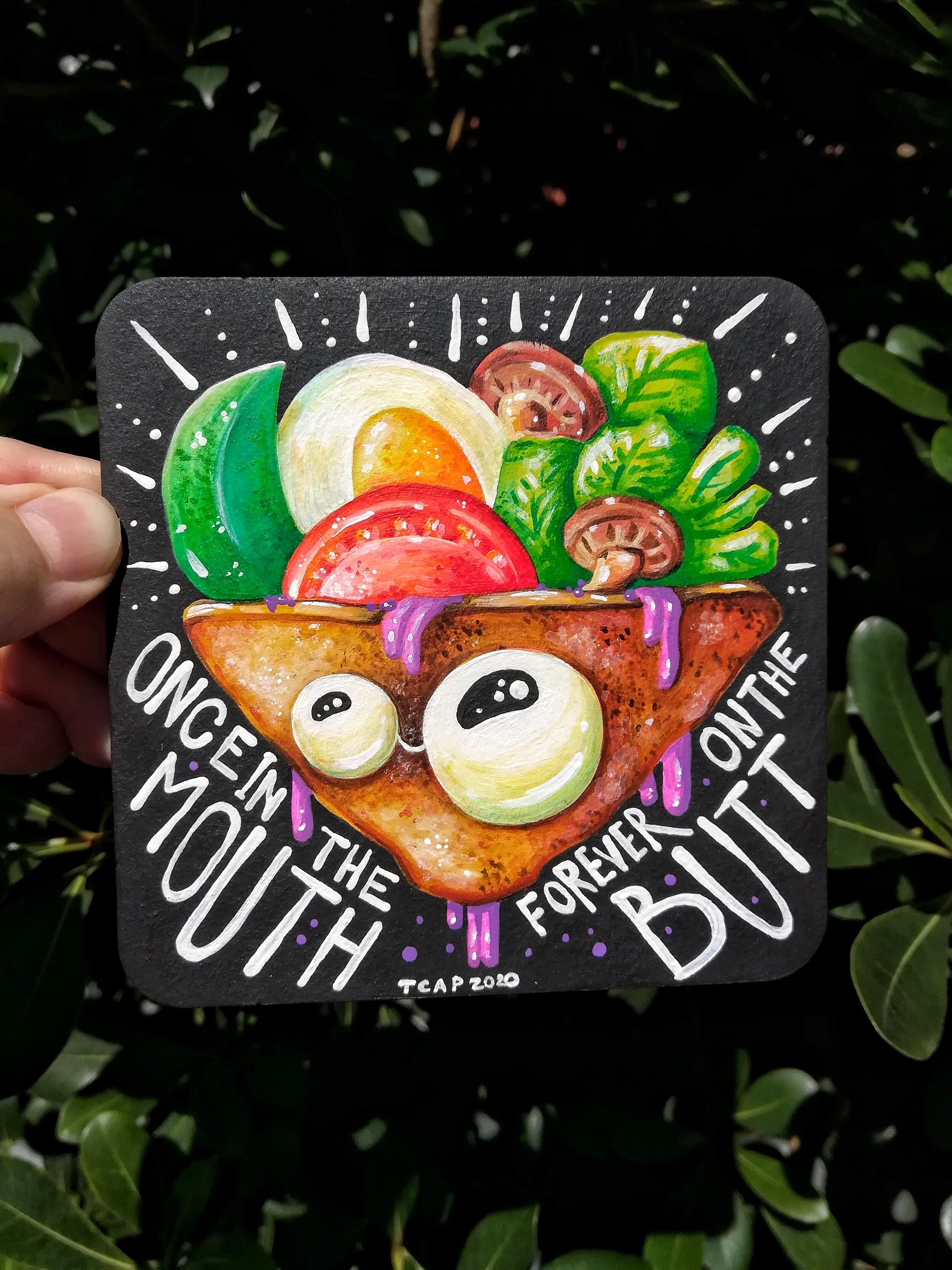 pitta bread cartoon art on cardboard coaster