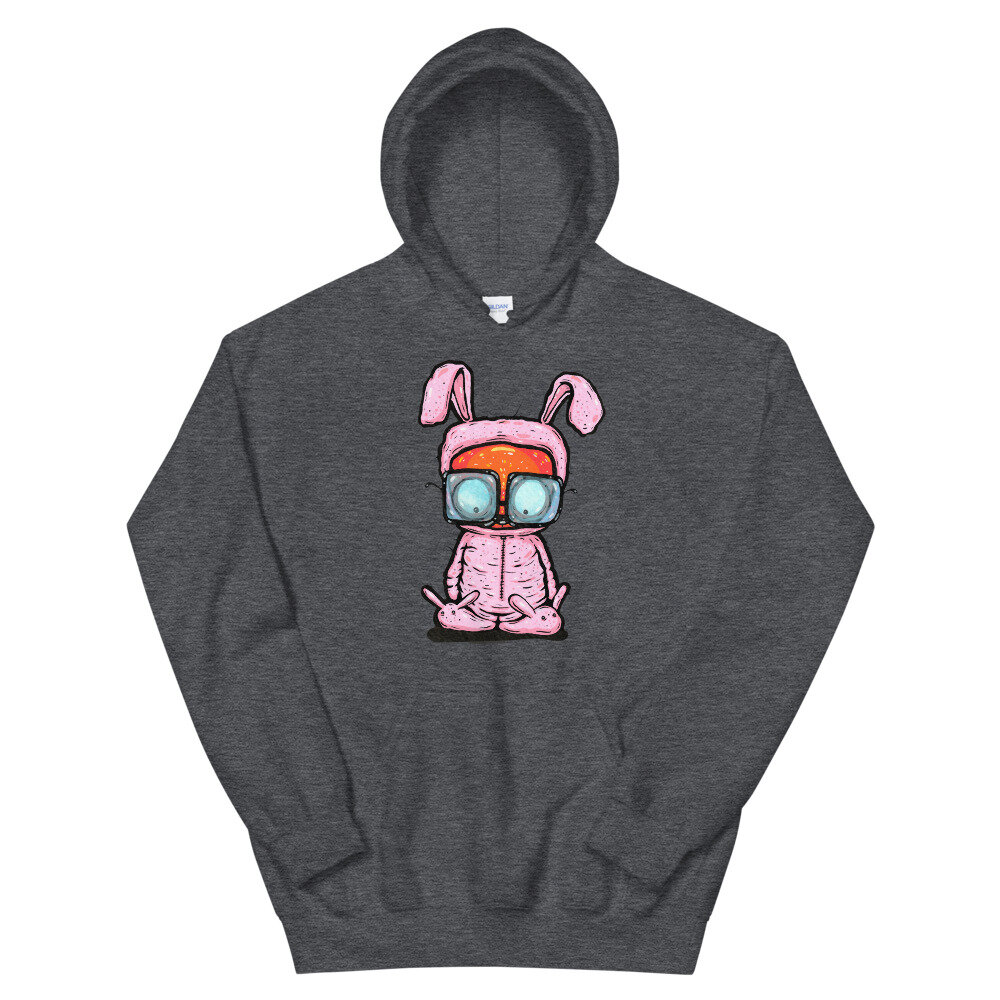 dark heather cotton hoodie features a cute cartoon bunny wearing pink pajamas and a big smile