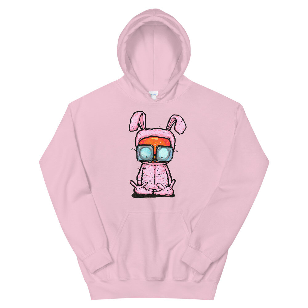 light pink cotton hoodie features a cute cartoon bunny wearing pink pajamas and a big smile