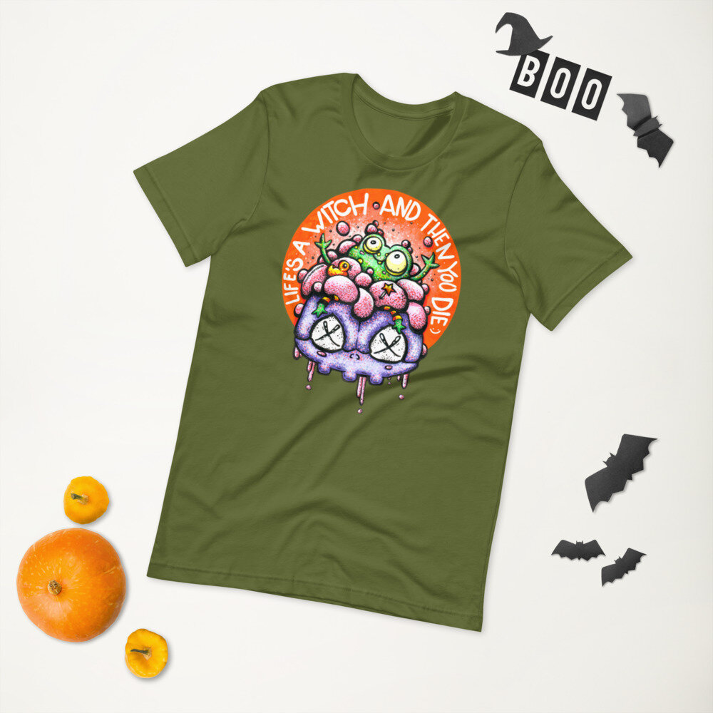 Halloween Short-Sleeve Unisex T-Shirt with cute frog in a skull buth tube and words Life's a witch and then you die