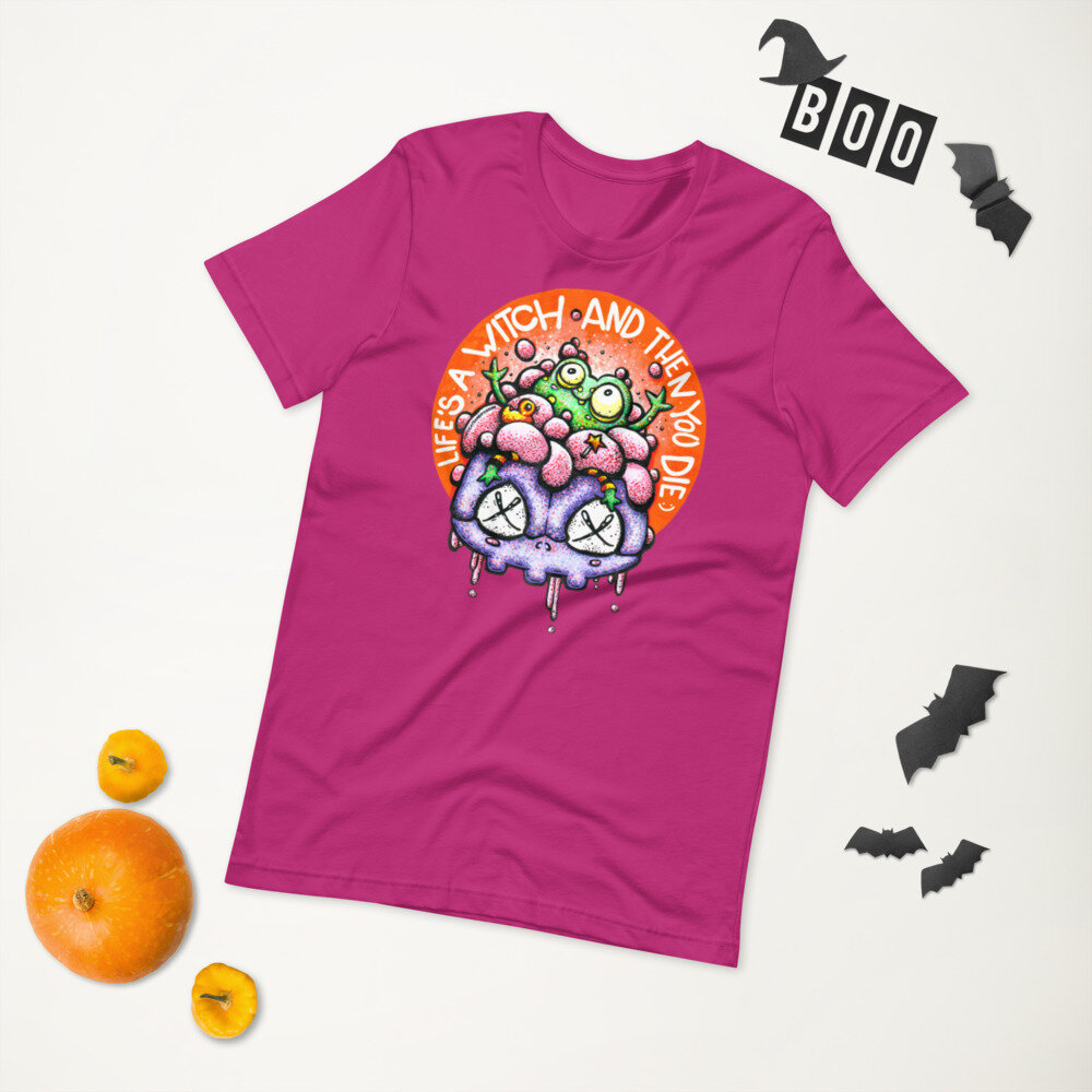 Halloween Short-Sleeve Unisex T-Shirt with cute frog in a skull buth tube and words Life's a witch and then you die