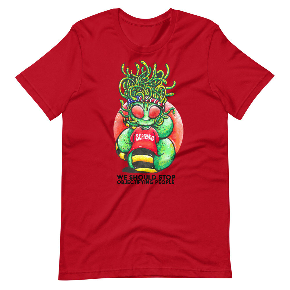 short sleeve t-shirt with Medusa Gorgon print and text "we should stop objectifying people"