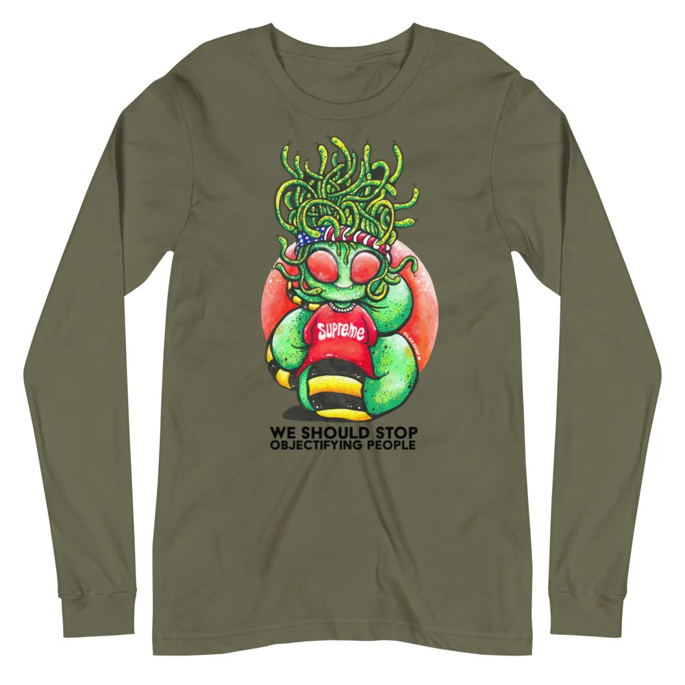 long sleeve tee with Medusa Gorgon print and text "we should stop objectifying people"